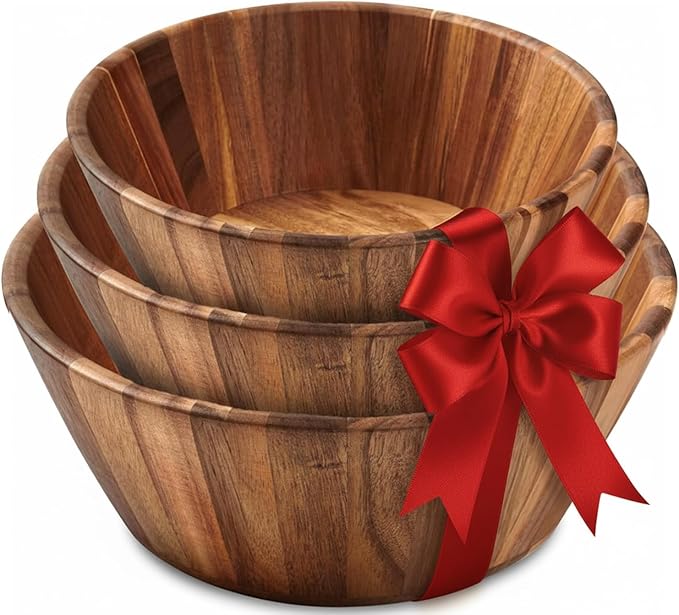 Woodenhouse Wooden Bowls, Wooden Salad Bowl Set of 3 - Round Design Large Salad Bowl Set for Serving, Handmade, Durable and Stylish Natural Wood Dining Accessory