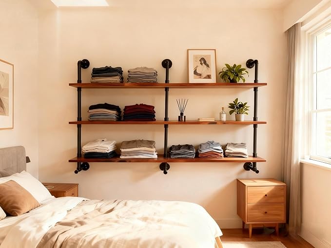 Industrial Pipe Wall Shelves Pipe Shelving,Natural Wood 60 Inches Long Walnut Floating Shelves for Wall Farmhouse Pipe Book Shelves for Kitchen,Living Room, Bar Shelving