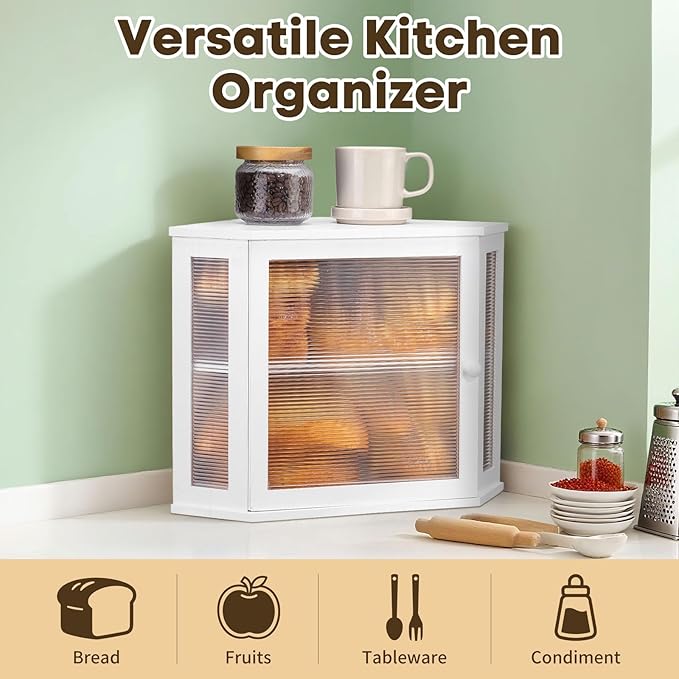Corner Bread Box for Kitchen Countertop - Bamboo Large Capacity Bread Storage Bin with Acrylic Wavy Door Panel,Bread Box Under Cabinet (White,Medium)