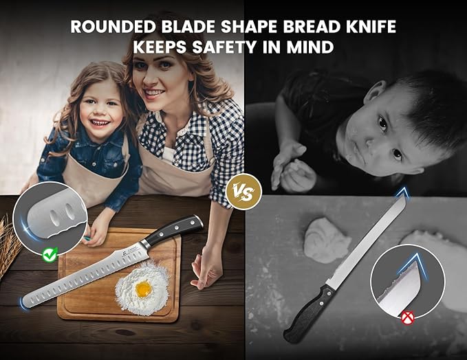 9 Inch Re-Sharpenable Bread Knife for Homemade Bread, Multifunction Serrated Knife, Razor Sharp Slicer, Forged High Carbon German Steel, Full Tang Ergonomic Handle Design for Sourdough Turkey Fruit