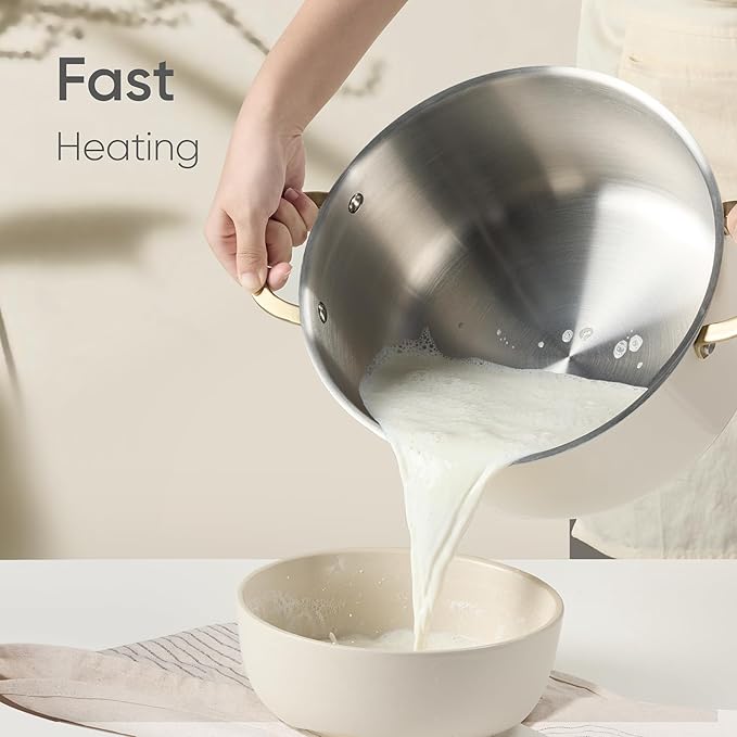 CAROTE 6QT Fully-Clad 3-Ply Stainless Steel Stockpot with Lid Small Kitchen Pot, Soup Pot with Outer Ceramic Layer, Even Heating, Fits all stoves, Oven & Dishwasher Safe, Stay Cool Handle, White
