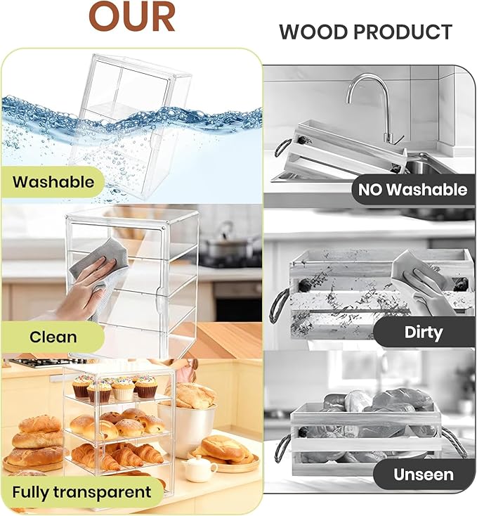 Clear Acrylic Display Case, 4-Tier Bread Box for Kitchen Countertop, 15.5x11.4x9.8 Inch Bread Storage Container with Magnetic Door for Bakery, Cookies, Donuts