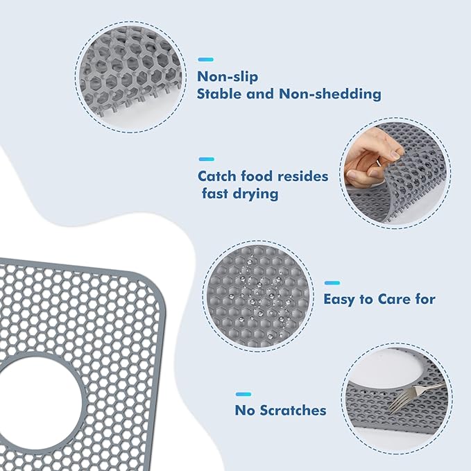 Silicone Sink Protectors for Kitchen Sink with Center Drain,13.58''x 11.6'' Folding Non-Slip Heat Resistant Mat Grid for Bottom of Porcelain Stainless Steel Porcelain (Center Hole)
