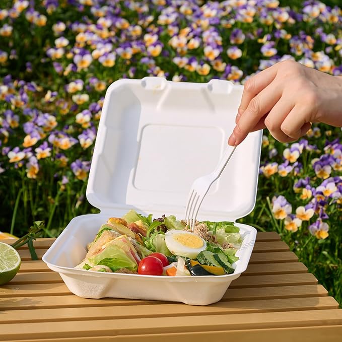 JOLLY CHEF Clamshell Take Out Food Containers, [8 * 8" 50-Pack] To Go Containers Disposable, Sugarcane To Go Box for Thanksgiving, Salad,Lunch