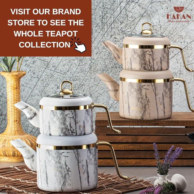 Hakan Melody Turkish Tea Pot Set | 3.5 L Tea Kettles for Stovetop with Stainless Steel Handless and Glass Lid | Aluminum Body Tea Maker | Double Stovetop Kettles with Granite Cover, White 3.6 qt