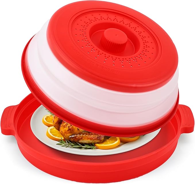 Microwave Splatter Cover for Food with Anti-scald Base Plate,Large Plastic & Silicone Vented Avoid Scalding Collapsible Guard Lid,Kitchen Essential Gadgets for Meal Prep-10.7 Inch (Red)