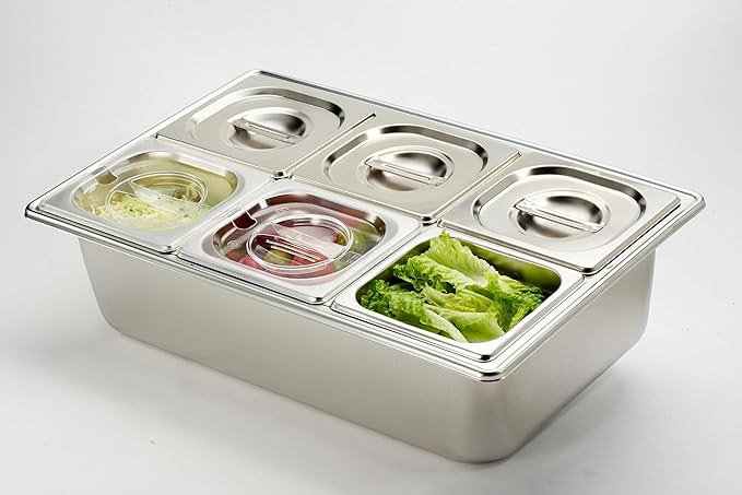 HECMAC Ice Chilled Condiment Serving Container (6 Pan), 2 Types of Lids, Drain Tray, 23 Gauge Anti-Jam Food Pan Commercial Heavy Duty Spice Rack Set, for Kitchen Buffet Catering