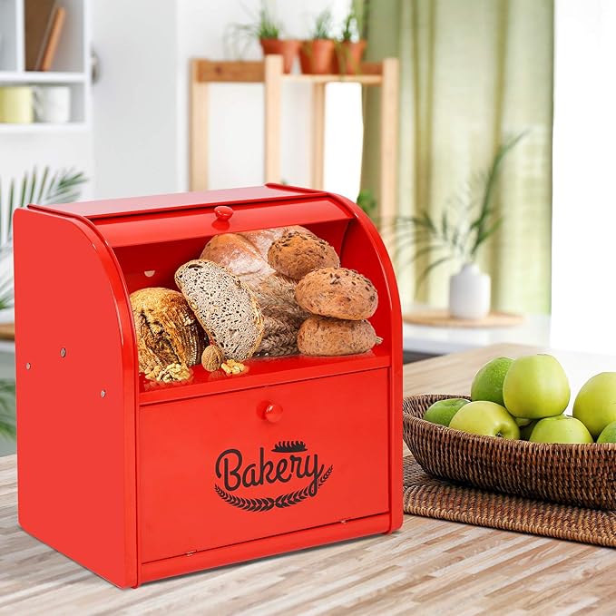 2 Layer Metal Bread Boxes, Bread Box Storage Bin Kitchen Container with Roll Top Lid Iron Countertop Containers Metal Food Storage Bread Keeper Large Capacity Home Kitchen Counter（Red）
