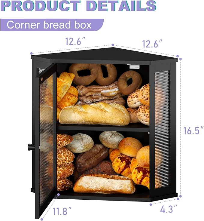 Corner Bread box for Kitchen Countertop,Farmhouse Bread Box with Acrylic Wavy Door Panel,Large Bread box for kitchen countertop,Kitchen Countertop Food Storage Container (Black, Extra Large)