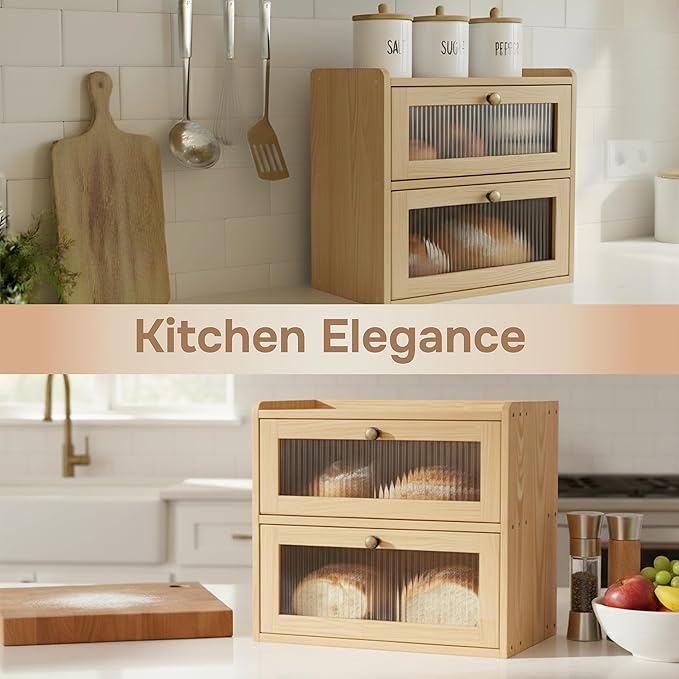 Bread Box for Kitchen Countertop - Wooden 2 Tier Bread Box with 10x Bread Bags and 10x Bread Bag Ties Vintage Breadbox Bread Storage Container Farmhouse Food Organizer Pantry Shelf (Yellow)