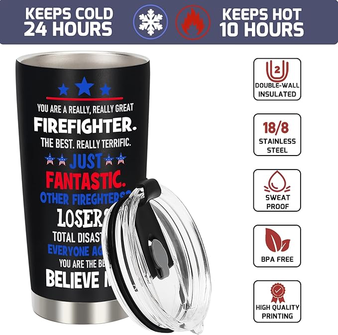 Firefighter Gifts for Men, Fireman Gifts for Firefighters Men - Firefighter Christmas Gift for Fire Fighter, 20 OZ Firemen Stainless Steel Insulated Travel Coffee Tumbler Cup