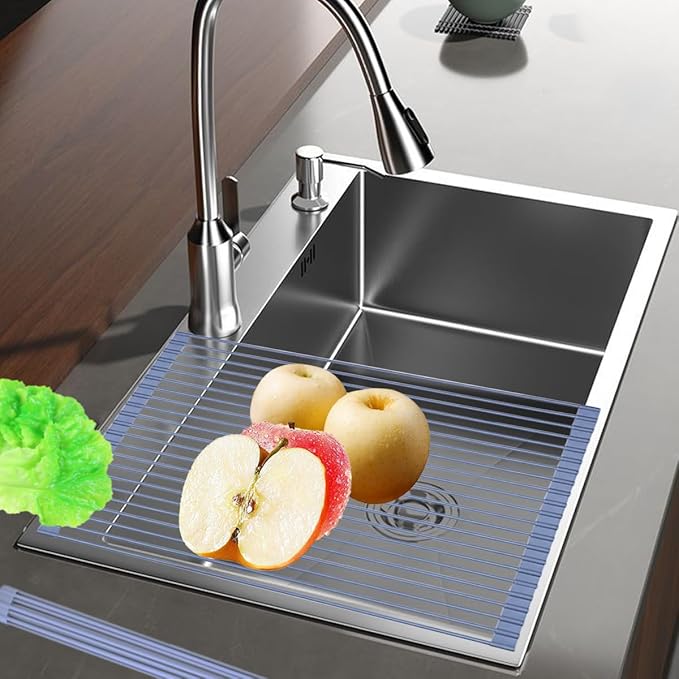 Roll-up Over The Sink Dish Drying Rack Multipurpose Silicone Wrapped Metal Stainless Steel Solid Rods Portable Rolling Rack Kitchen Rolling Dish Drainer for Kitchen Sink Counter (Cold Gray)