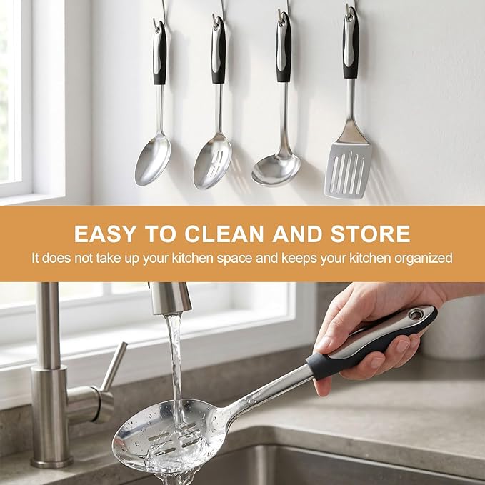 4-Piece Cooking Spoons Set, Serving Spoons Set, Stainless Steel Kitchen Cooking Utensil Sets, Slotted Spoon, Ladle, Turner, Serving Spoon, Commercial and Residential Use