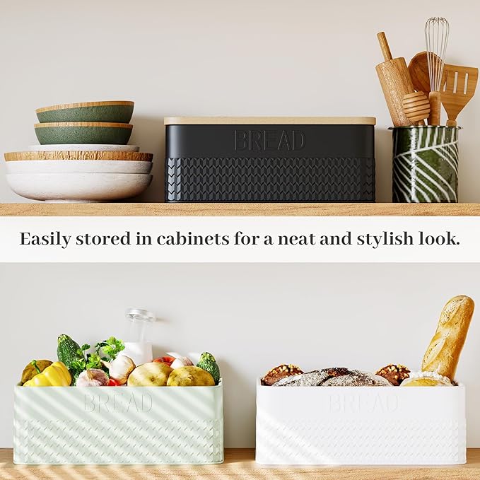 Bread Box for Kitchen Countertop - Metal Bread Storage with Bamboo Cutting Board Lid & Bread Knife, Corner Bread Container for Homemade Bread and Toast, Green
