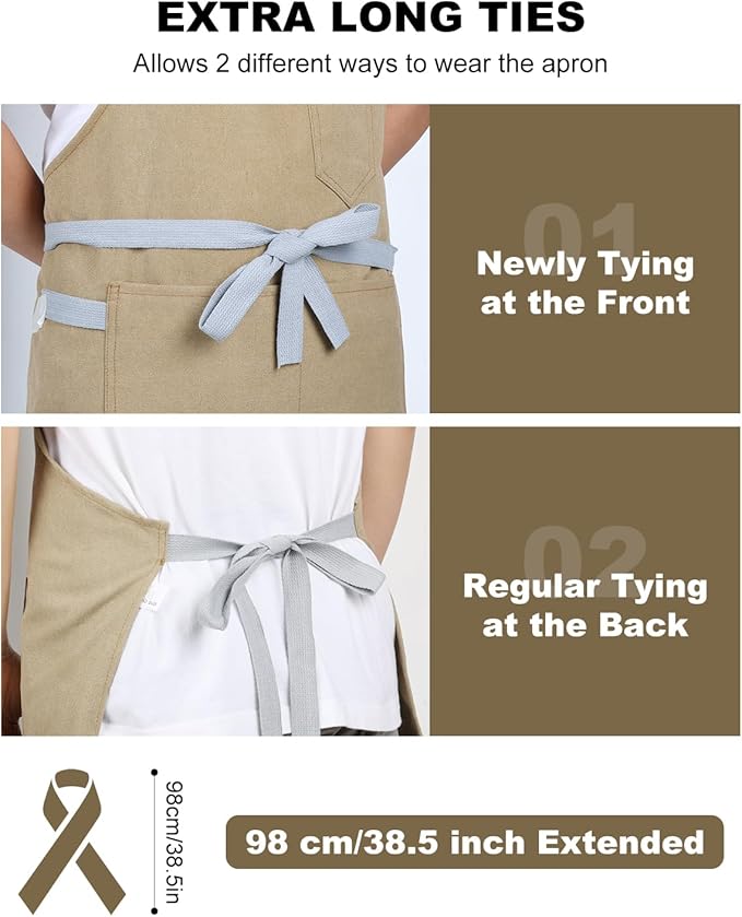 Womens Apron With Pockets Adjustable Shoulder Strap,Apron For Men 38.5" Extra-Long Straps Fit More Body Types,Chef Apron For Kitchen Garden Barbecue Woodworking