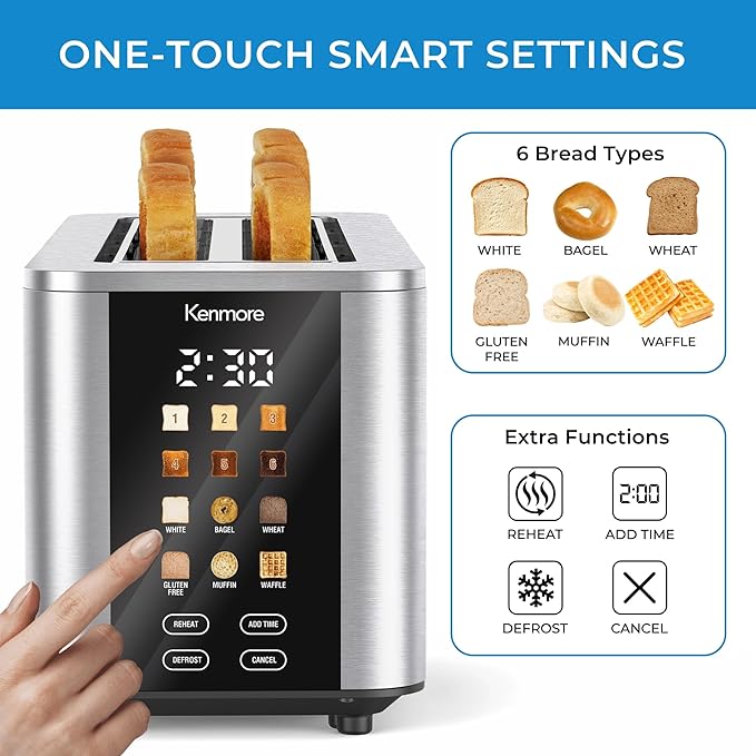 Kenmore 4-Slice Long Slot Toaster | Color Touch Screen & 6 Shade Settings | Extra Wide Slots | Digital Timer | Customizable Smart Presets | Reheat, Defrost, Add Time Functions | Stainless Steel