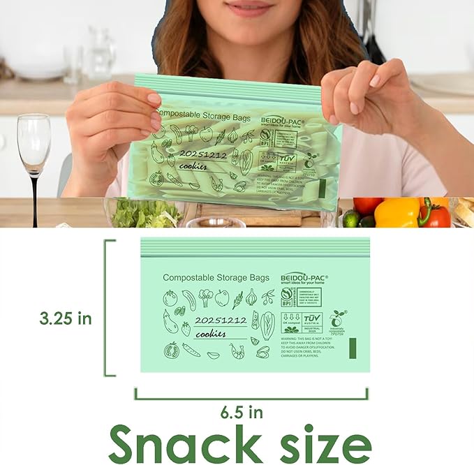 Compostable Snack Storage Zip Bags, 100 Count | 2 Mil | 6.5 IN x 3.25 IN, Freshness Easy Open Biodegradable Eco-Friendly Reclosable Compost Zipper Bags for Food On the Go