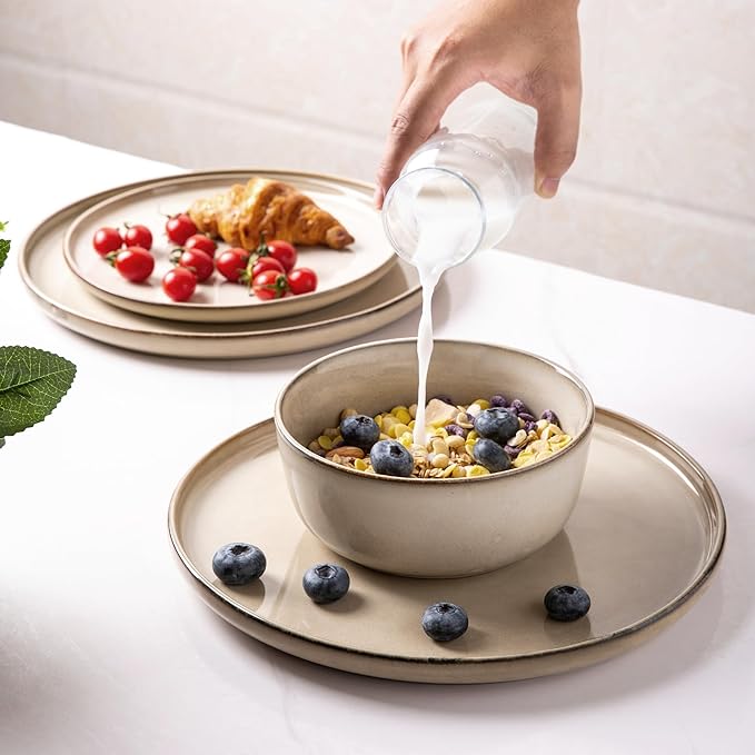 GBHOME 24 Pieces Double Bowls Ceramic Dinnerware Sets for 6, Stoneware Plates and Bowls Set with Reactive Glaze, Scratch Resistant Stoneware Dishes Set, Dishwasher & Microwave Safe