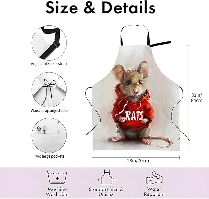 Adorable Rat Apron,Adjustable Waterproof Oxford Fabric Kitchen Apron with 2 Pockets for Men and Women, Cooking, Baking, BBQ, Coffee Shop, Housewarming Gifts, 28x33 Inches