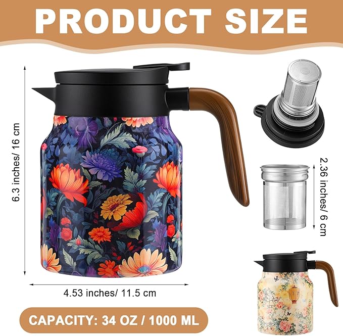 LemonRoad 2 Pcs Vintage Floral Pattern Tea Pot, Vintage Teapot with Infuser, Floral Pattern Tea Pot with Lid, Wooden Handle Thermal Carafe for Hot Drinks Coffee(Pink, Orange)
