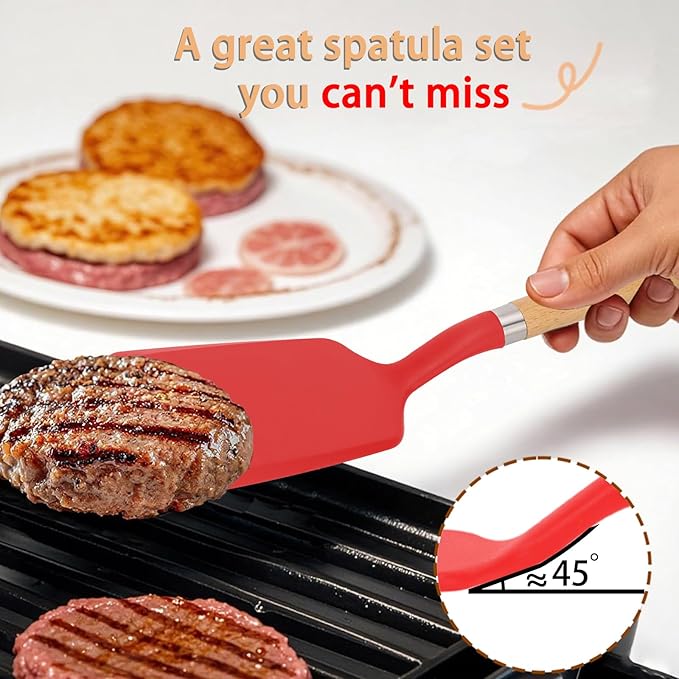 Silicone Spatula Turner, Heat Resistant Pancake Flipper Spatulas for Nonstick Cookware, Cooking Utensils with Wood Handle for Serving, Baking, Frying, Egg, Fish and Burger (1, Red)