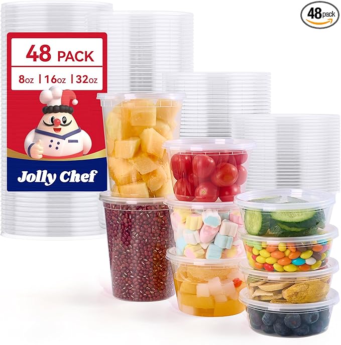 JOLLY CHEF Deli Food Storage Containers with Lids: [48 Sets 3 Sizes] 8 oz, 16 oz, 32 oz Plastic Soup Containers, BPA-free, leak-proof, Takeout Meal Prep Storage