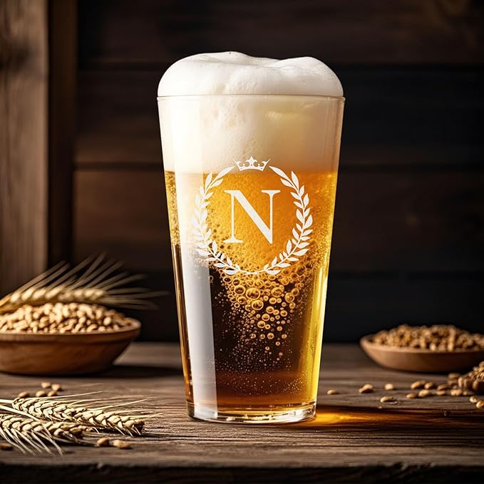 Personalized Beer Glasses Gifts for Men, 16 oz Pint Glasses Monogrammed A-Z Drinking Glass Cups Customized Gift, Unique Christmas Anniversary Birthday Gifts for Men Him Dad Brother Husband Grandpa (N)