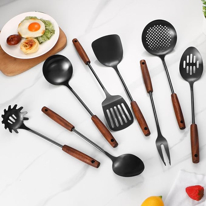 304 Stainless Steel Kitchen Utensils Set, 8 Pcs Long Cooking Utensils Set with Wooden Handle, Large Heat Resistant Kitchen Tools(Black, Dishwasher Safe)