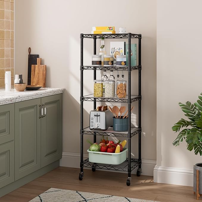 Small 5 Tier Shelves Storage Wire Shelving Unit Metal Shelf Adjustable Organizers Storage Shelving with Wheels for Bathroom Laundry Room Kitchen Pantry12”D x 18”W x 57.2”H Black