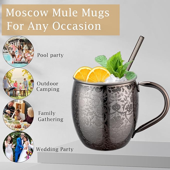 Moscow Mule MugsSet of 2-18 Oz Copper-Plated Fine Craftsmanship Etched Mugs,304 Stainless Steel-Lined Mule Cups,For Cold Drinks, Beer, Wine, Bars, Parties