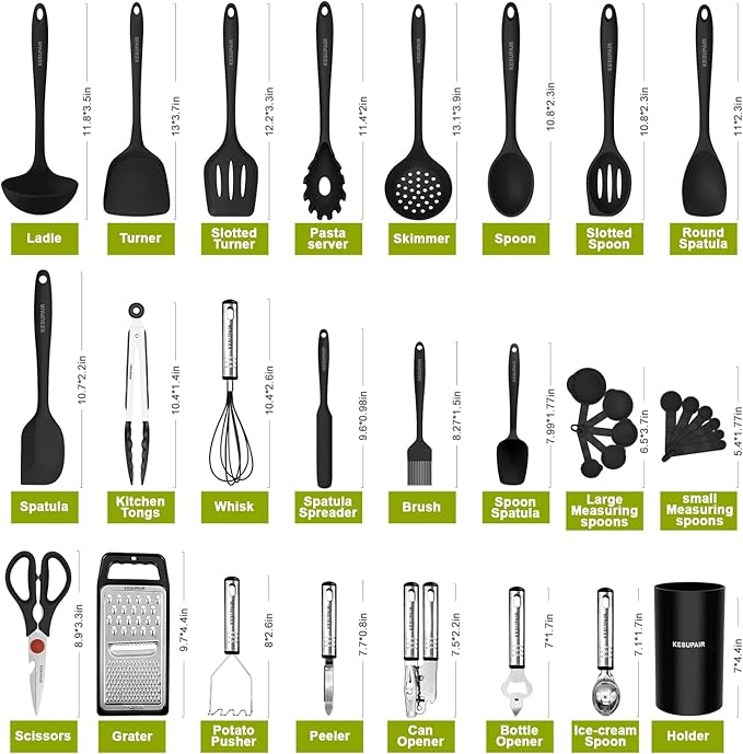 Kitchen Utensils Set - 446°F Heat Resistant Silicone Cooking Utensils Set-Kitchen Tools and Gadgets for Cooking Nonstick Cookware with Tongs,Turner,Spatula,Spoon,Brush,Peeler,Grater,Scissors(Black)