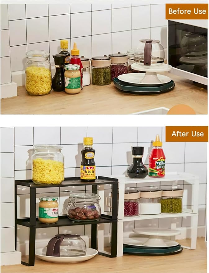 Spice Rack,Metal Kitchen Storage Shelves Countertop Organizers, Shelf Risers, Stackable (black)