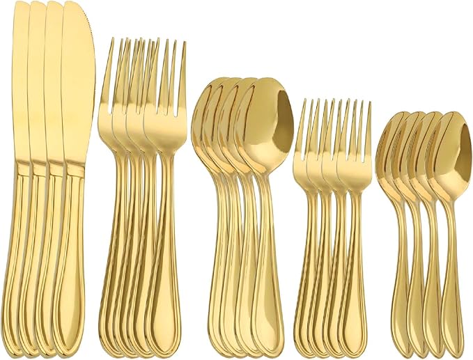Gold Silverware Set, 20 Piece Flatware Cutlery Set for 4,18/0 Stainless Steel Utensils,Mirror Polished Modern Tableware for Home & Kitchen Dining Wedding, Party