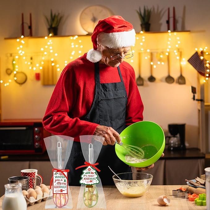 16 Sets 10 Inch Christmas Whisks Gifts with Ribbons Greeting Cards Bags,Christmas Red Green Silicone Whisks For Cooking,Egg Beaters Cooking Supplies For Xmas Candy Holder Neighbor Employee Gifts