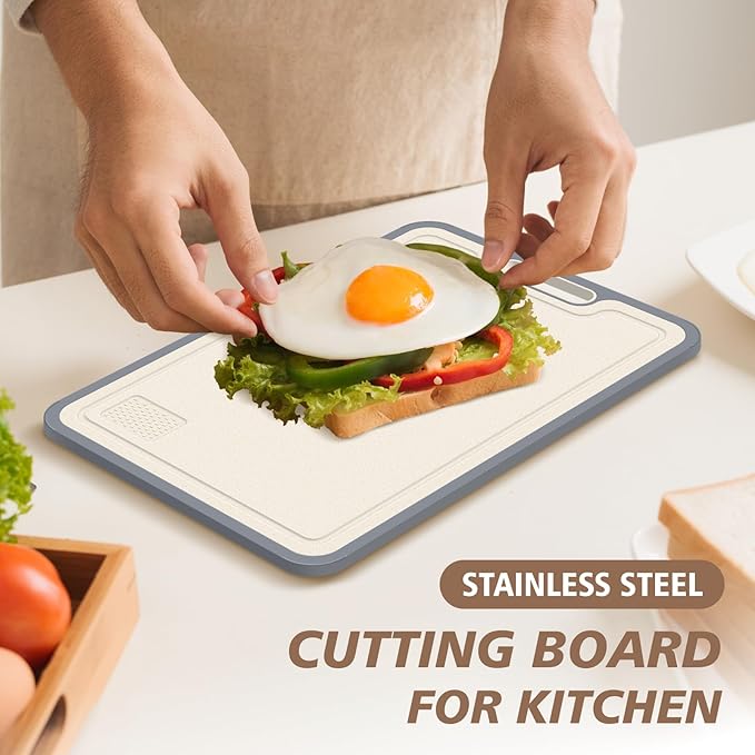 Cutting Boards for Kitchen, Stainless Steel and Wheat Straw Cutting Board, Kitchen Board for Meat and Vegetables, Non-Slip Eco Friendly Chop Board