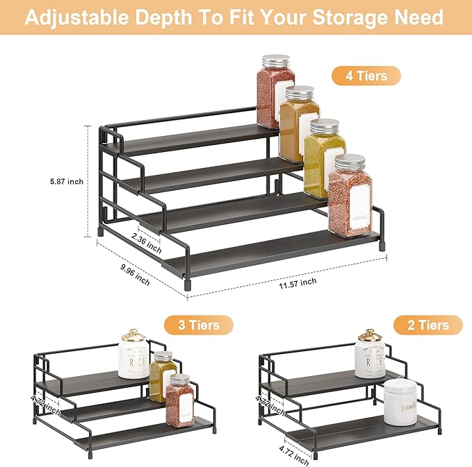 4-Tier-Spice-Rack-Organizer-for-Cabinet, Adjustable Depth Spice Holder Shelf For Countertop Pantry Cupboard, Metal Tiered Seasoning Organizer,Display Shelf Riser (Black-1 Pack)