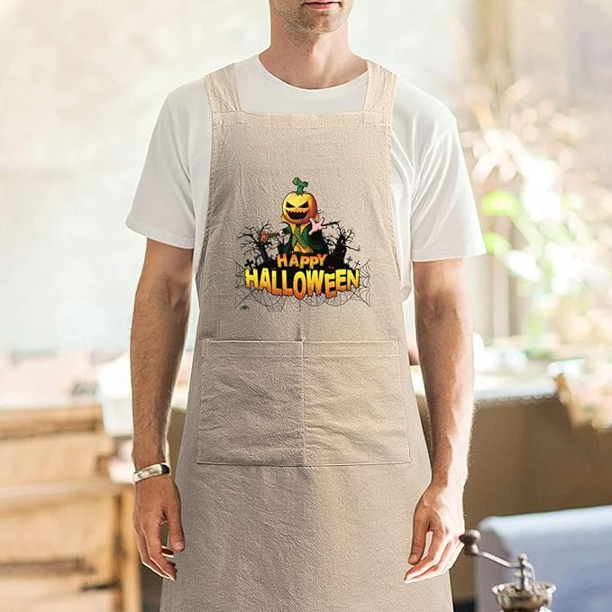 Cotton Linen Apron Non-tie Cross Back Kitchen Apron with Pockets Soft Comfortable Durable for Cooking Baking Gardening (Khaki,Halloween)