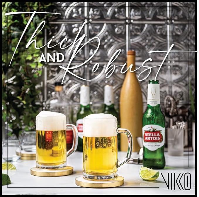 Vikko Beer Mug, Set of 2 Glass Beer Mugs, 17 Ounce, Dishwasher Safe Durable Drinking Glass for Craft Brews, Beer or Water