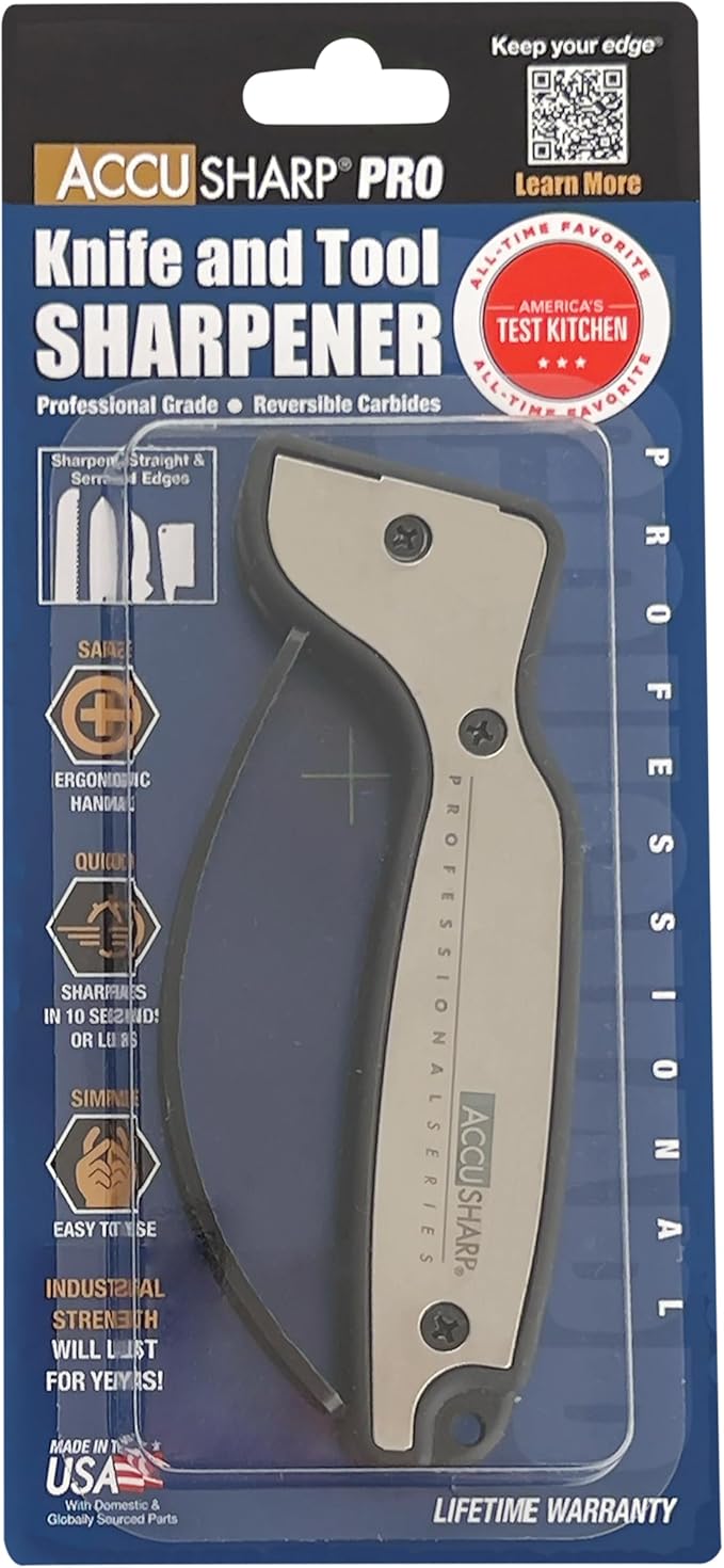 AccuSharp Knife Sharpener, Ergonomic Comfortable Handle, Compact & Easy to Use, Restore and Hone Straight & Serrated Knives, White & Black