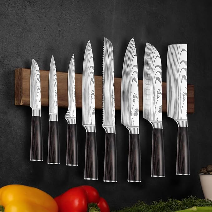 8-Piece Premium Japanese Kitchen Knife Set - Imperial Collection, Laser Damascus Pattern, 440A Stainless Steel Ultra Sharp for Fast Cutting (Redwood 8J)