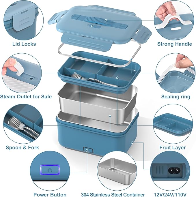 Electric Heated Lunch Box for Car Truck Home 1.8L 100W Portable Food Warmer with 12V/24V/110V/220V Hot Meal for Work Travel Jobsite Camping Christmas Gifts White Elephant Gifts for Adults/Men/Woman