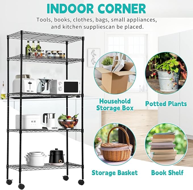 5-Shelf Adjustable Storage Shelf, Heavy Duty Storage Shelving Unit with Wheels, Standing Shelves Metal Organizer Wire Rack for Kitchen Bathroom Pantry, 30" L x 14" W x 60" H, Black