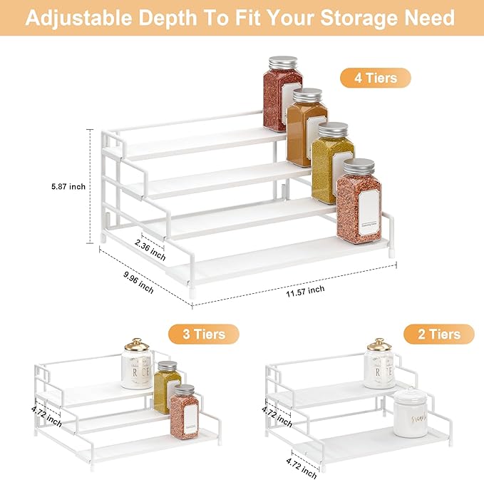 4-Tier-Spice-Rack-Organizer-for-Cabinet, Adjustable Depth Spice Holder Shelf For Countertop Pantry Cupboard, Metal Tiered Seasoning Organizer,Display Shelf Riser (White-2 Pack)