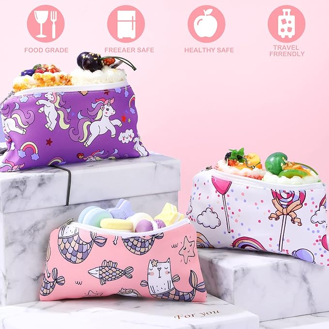 Chumia 6 Pcs Reusable Snack Bags Christmas Gifts Food Safety Washable Snack Bags Lunch with Zipper Portable Sandwich Bag Food Storage Pouch Double Layer(Fresh,6.9 x 3.7 Inches)