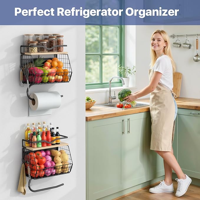 Housolution 2 Pack Wall Mounted Fruit Basket with Wood Lid, Hanging Kitchen Storage Basket for Fruit and Vegetable, Potato and Onion Storage Organizer with Paper Towel Holder for Kitchen Countertop