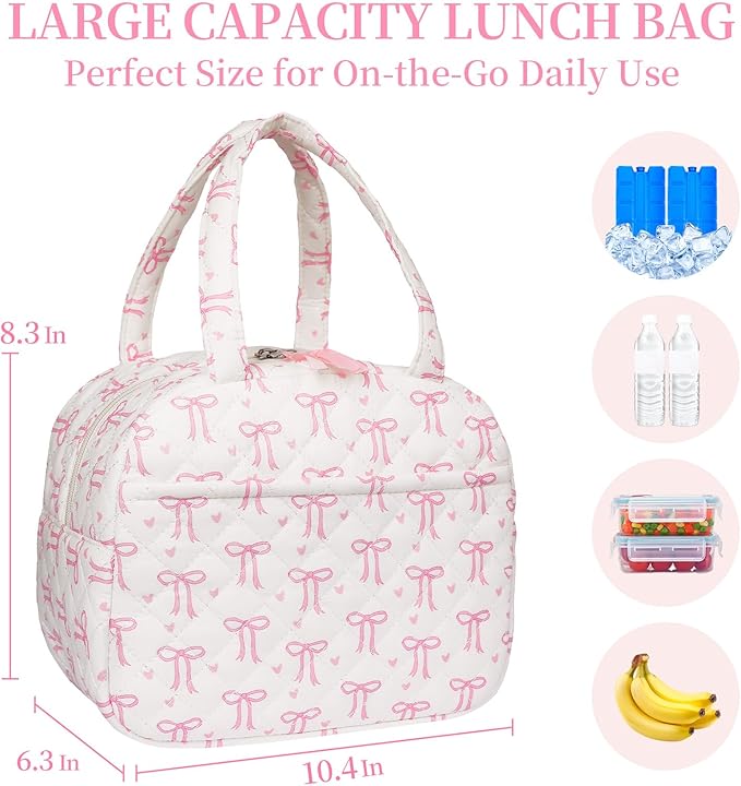 Quilted Lunch Box for Women,Lunch Box for Teen Girls,Cute Pink Bow Lunch Bags for Work, School,Office,Picnic,Travel (pink bow heart)