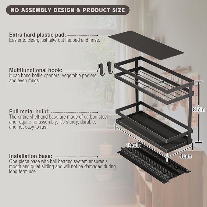 Pull Out Spice Rack Organizer for Cabinet, 1 Pack Metal Seasoning Organizer Slide Out Spice Storage Shelf No Assembly Vertical Spice Rack Pullout for Kitchen & Bahthroom No Drill(2 Tier,Black)