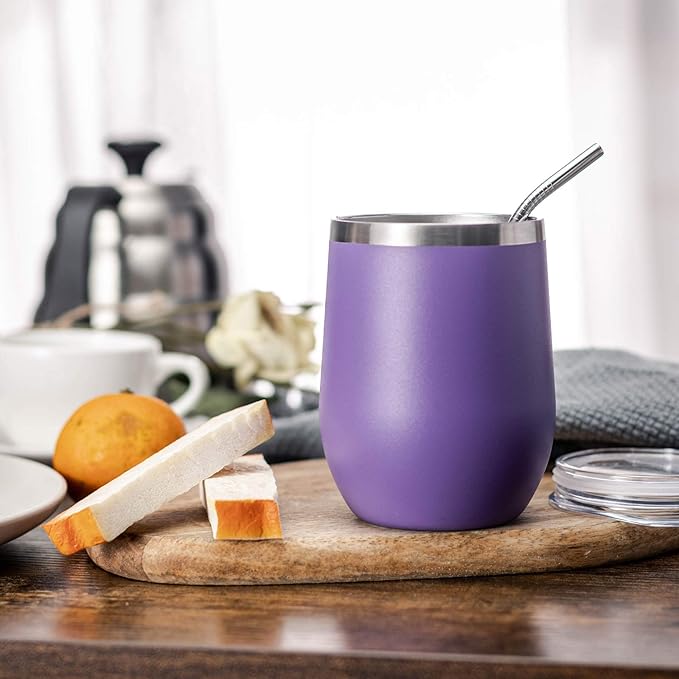 COMOOO Stainless Steel Wine Tumbler with Lid and Straw 12oz Double Wall Vacuum Insulated Travel Tumbler Cup Stemless for Hot and Cold Drinks, Coffee, Wine, Cocktails, Purple