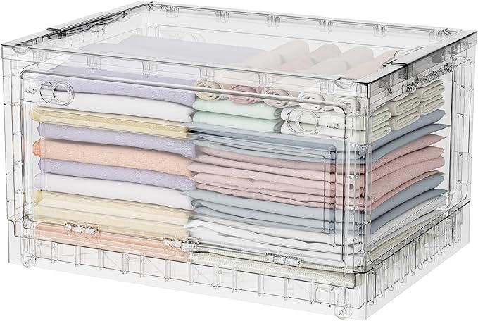 BROVIEW 80Qt Stackable Storage Bins with Lids Wheels, Crystal Clear Shiny Storage Cabinet Plastic Drawer Foldable Closet Organizers Display Box with Front & Back Doors, for Home Office Garage,1Pack