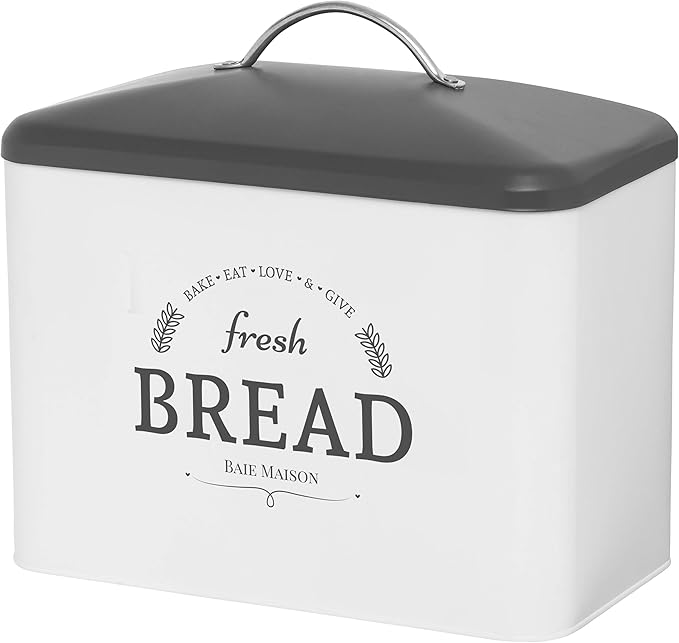 Extra Large White Farmhouse Bread Box for Kitchen Countertop - Breadbox Holder Fits 2+ Loaves - Bread Storage Container Bin - Rustic Bread Keeper Vintage Metal Kitchen Decor for Counter (Grey Lid)